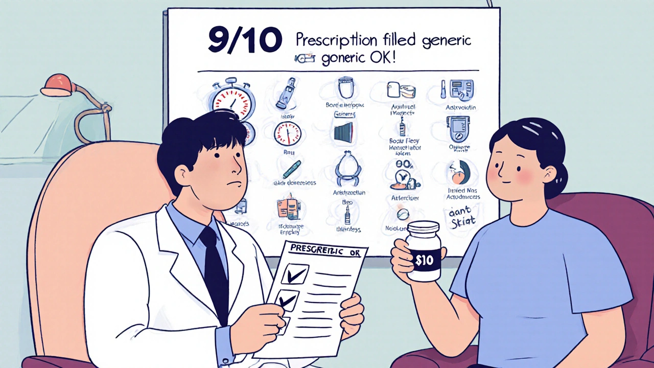 Doctor and patient discussing generic medication options in a warm clinic setting with savings chart in background.