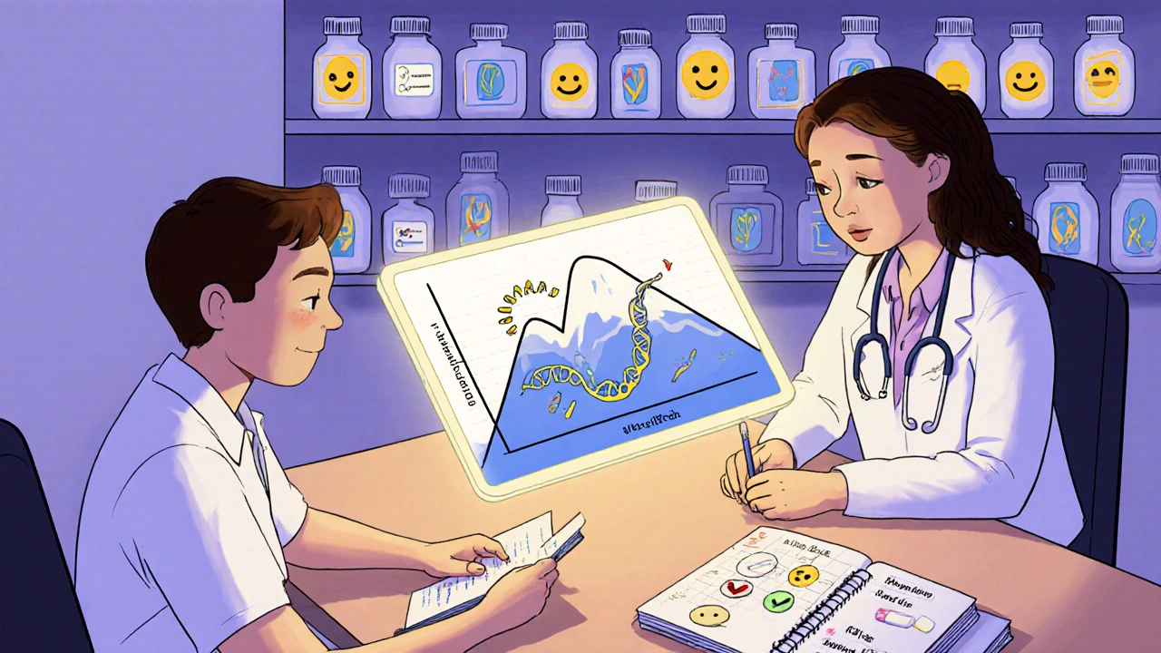Doctor and patient reviewing a personalized dose graph with genetic markers and symptom journal on a tablet.