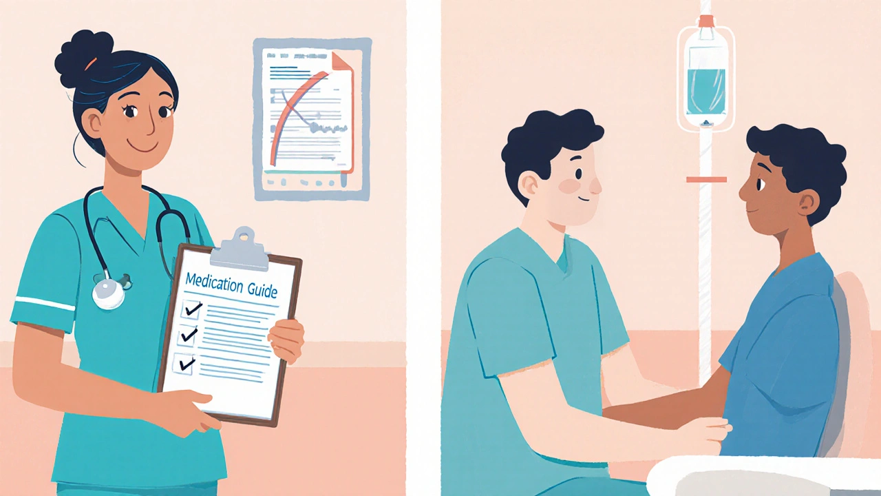 Nurse hands a Medication Guide to a patient during their first infusion visit.