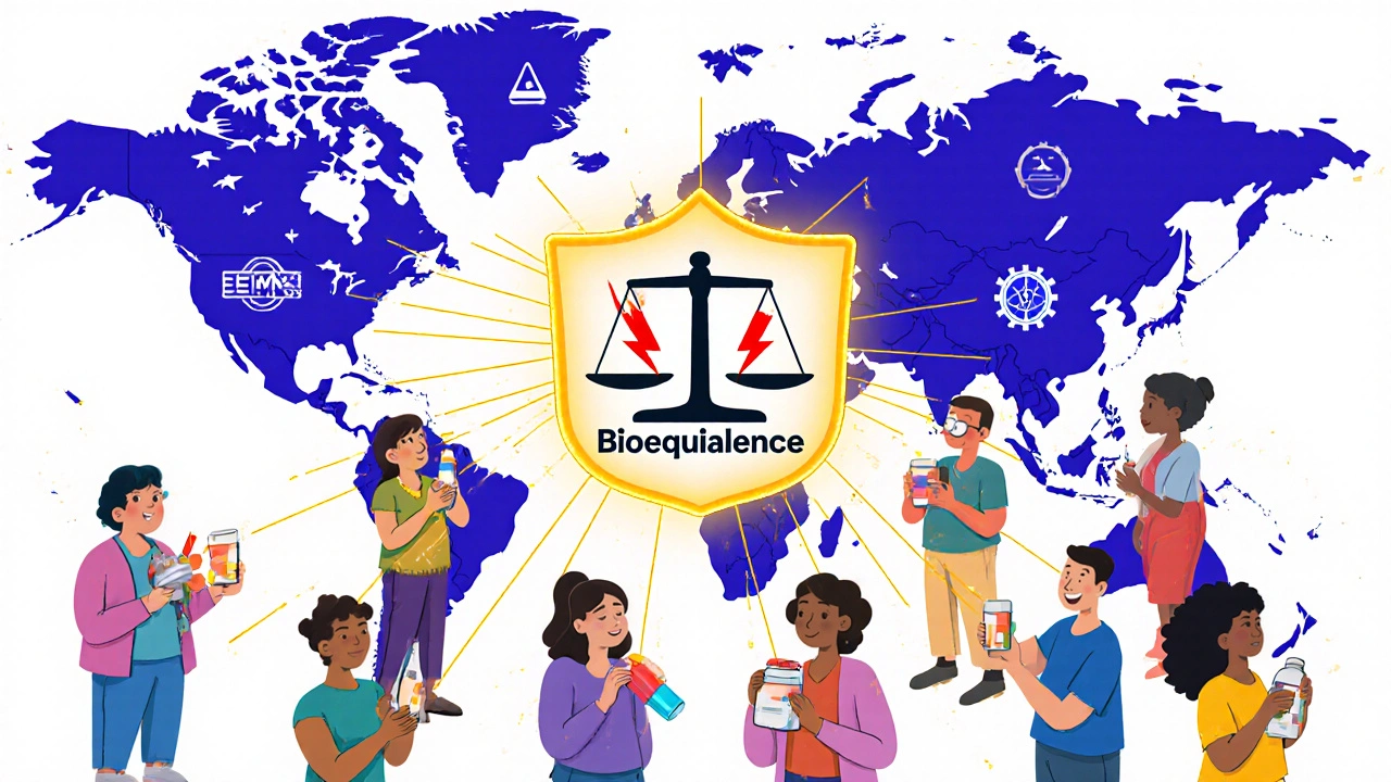 Patients holding medications connected to a bioequivalence scale, protected by scientific shields.