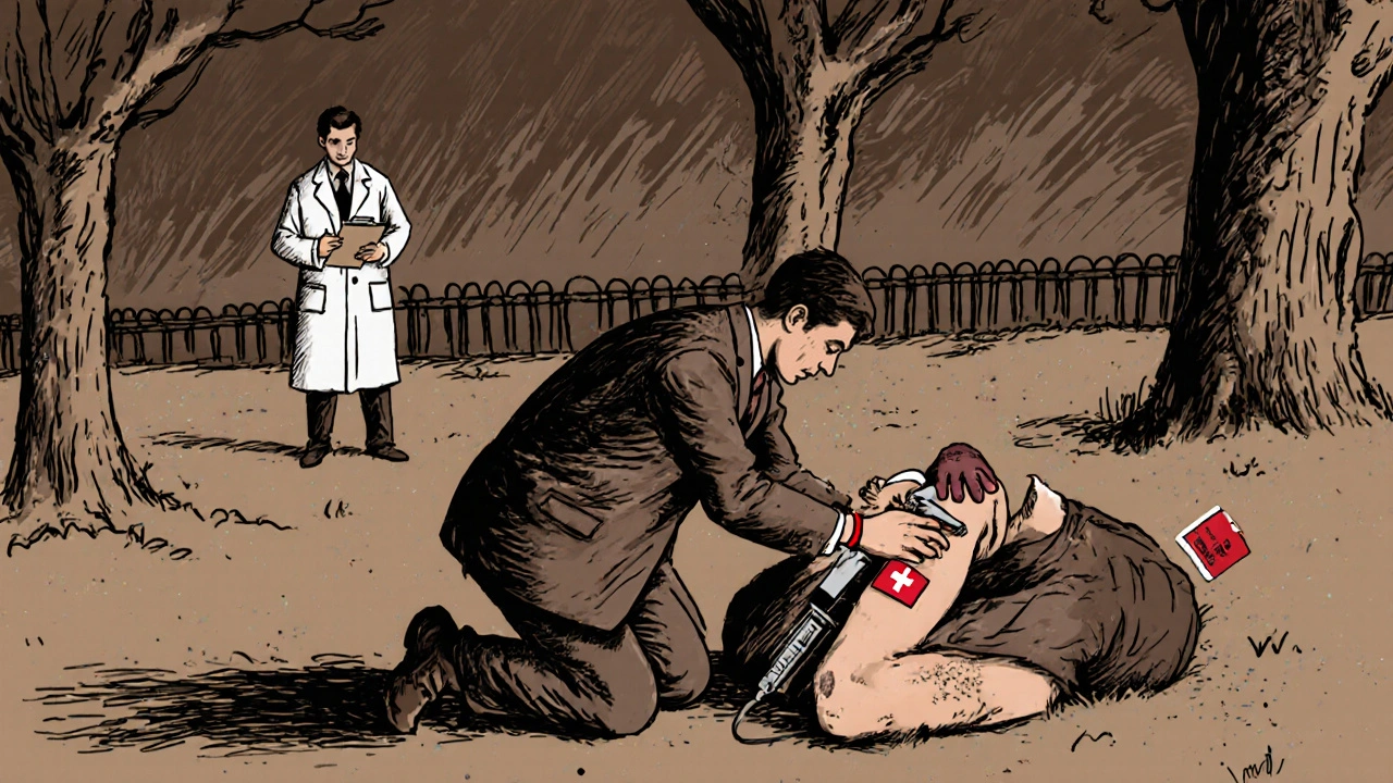 Person collapsing in park as another administers emergency injection, medical bracelet and dark skin patches visible.