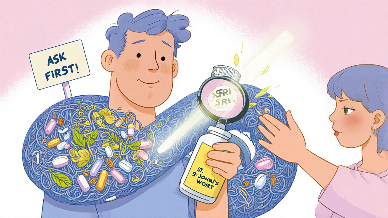 Person surrounded by dangerous supplement symbols, rescued by pharmacist&#039;s guidance.