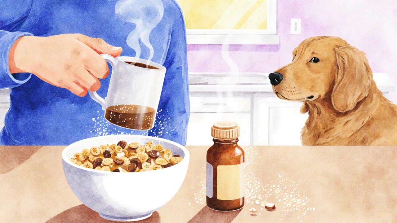 Person taking pill at breakfast beside coffee and cereal on kitchen counter