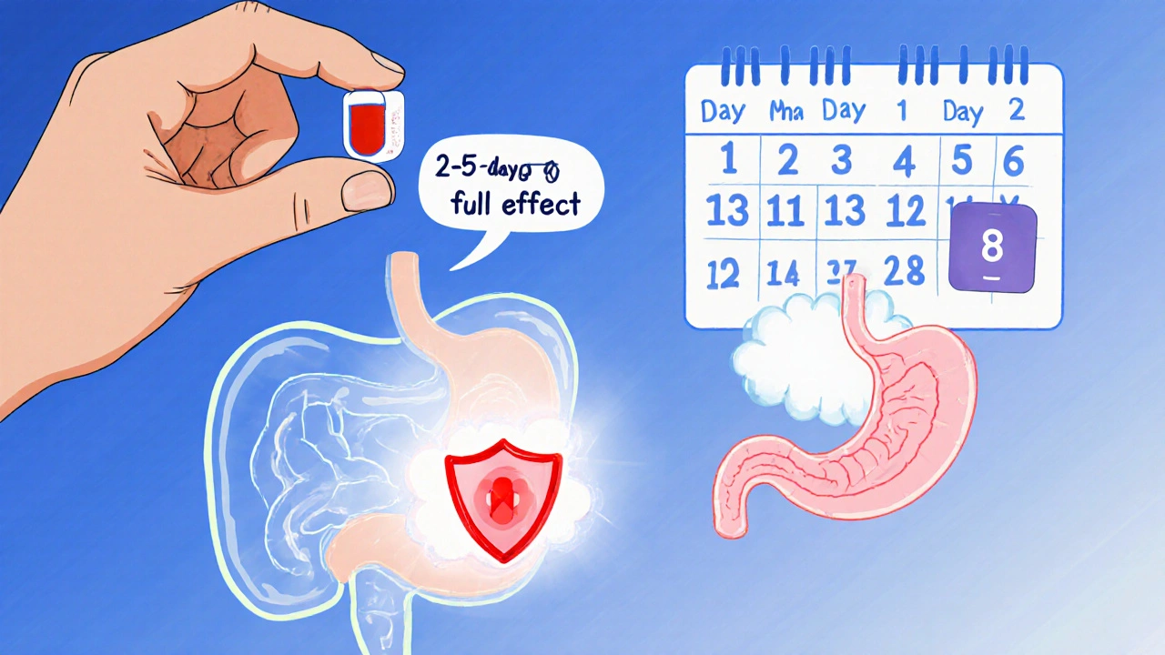 Person taking PPI pill with visual representation of acid suppression and healing timeline.