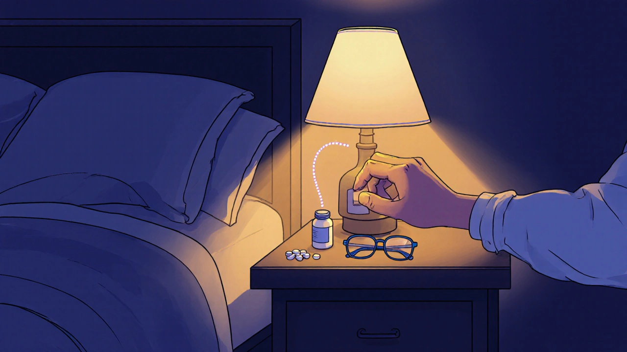 Person turning off lamp with pill bottle on nightstand at bedtime