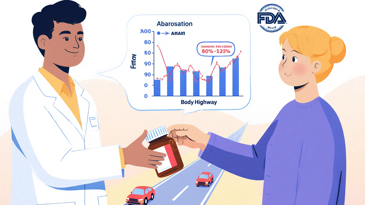 Pharmacist giving a pill to a patient with a floating graph showing safe drug absorption levels.