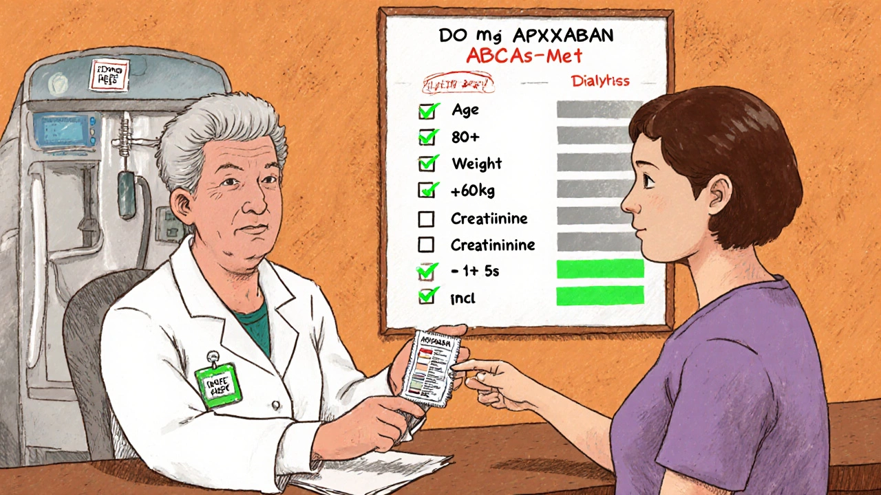 Pharmacist giving correctly dosed apixaban to patient with ABCs checklist visible