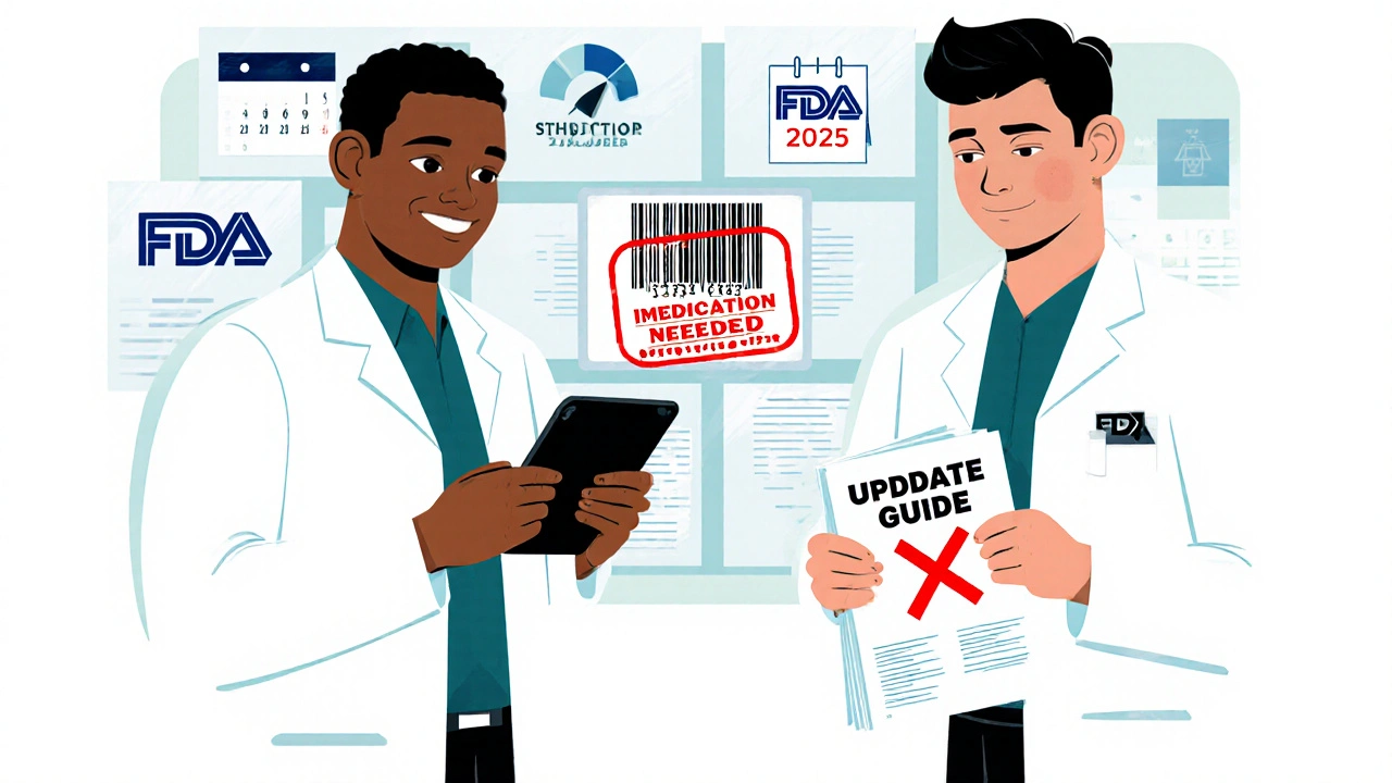 Pharmacy team sees an alert about an updated Medication Guide on a tablet.