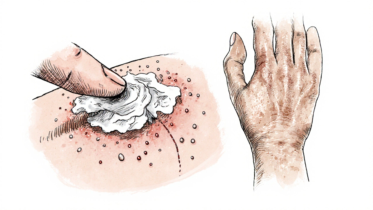 Psoriasis plaque being scraped to reveal pinpoint bleeding, with new plaque forming along scratch line.