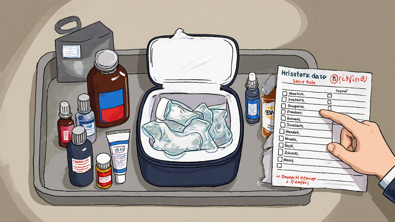 Small insulated cooler with melting gel packs and prescription meds on a security tray.