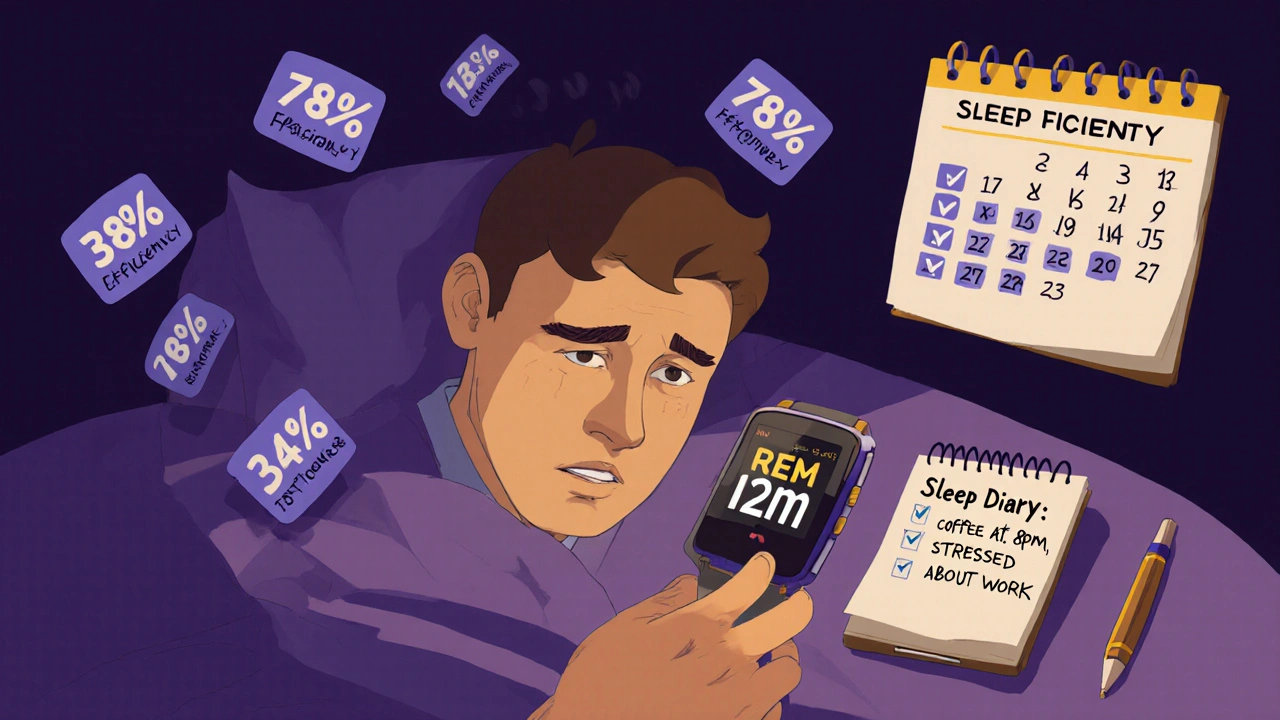 Someone staring at their sleep score at night, surrounded by anxious data points and a sleep diary notebook.