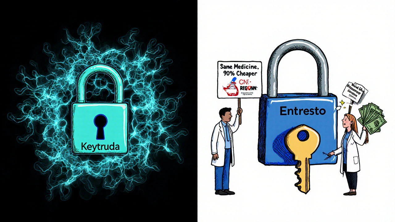 Split illustration comparing complex biologic drug with simple generic chemical, showing same medicine at lower cost.