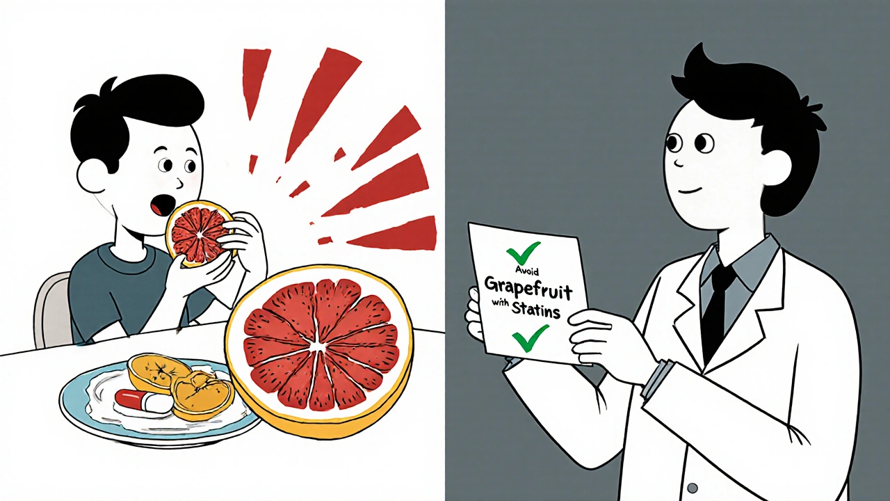 Split illustration showing grapefruit causing danger with medication, then safety after pharmacist advice.