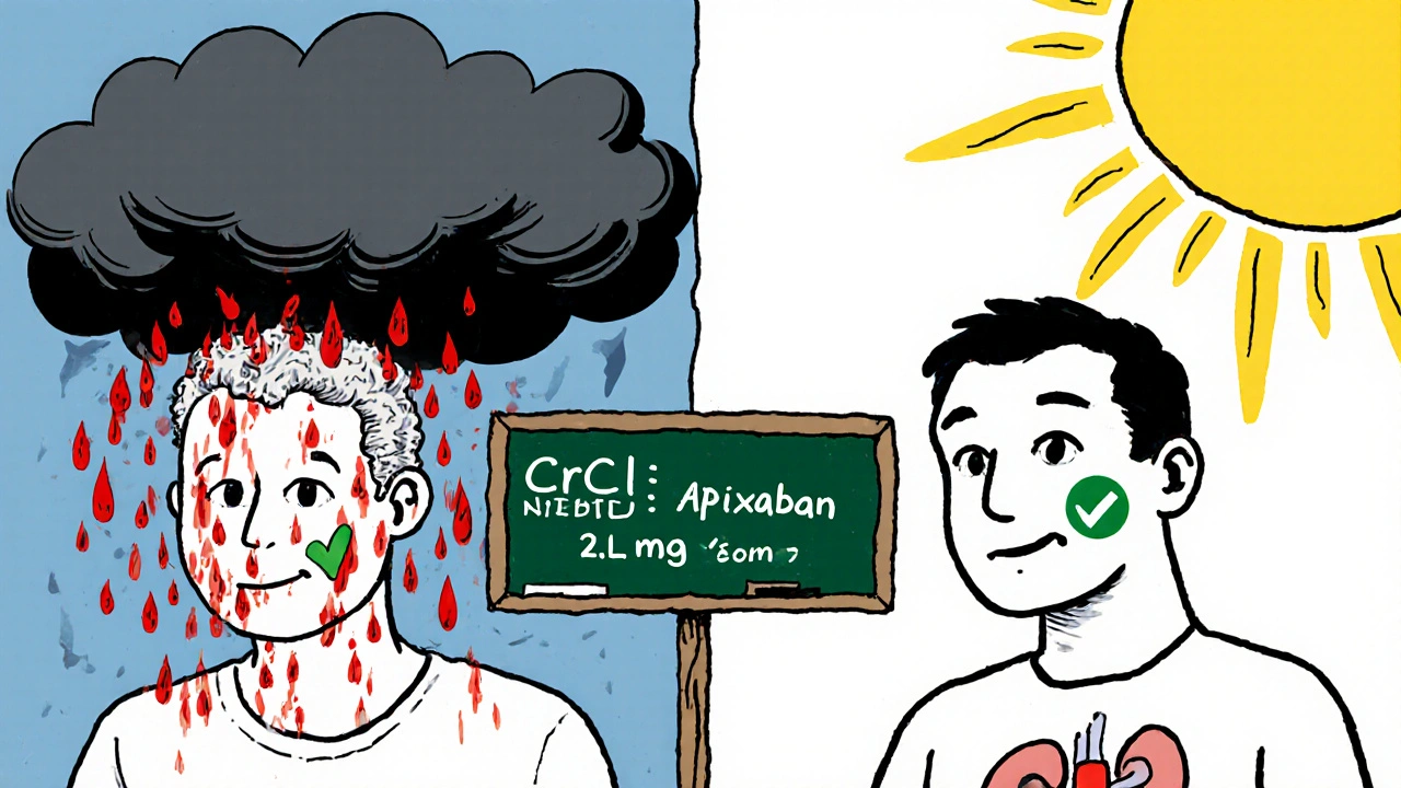 Split image showing dangerous bleeding vs safe anticoagulation with kidney function number