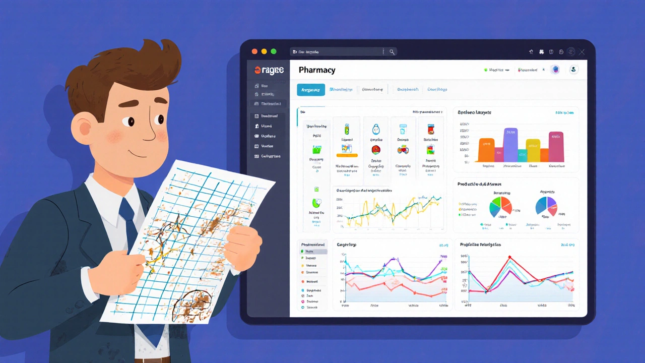 Split scene: manager with messy paper spreadsheet vs. smiling at digital inventory dashboard with real-time alerts.