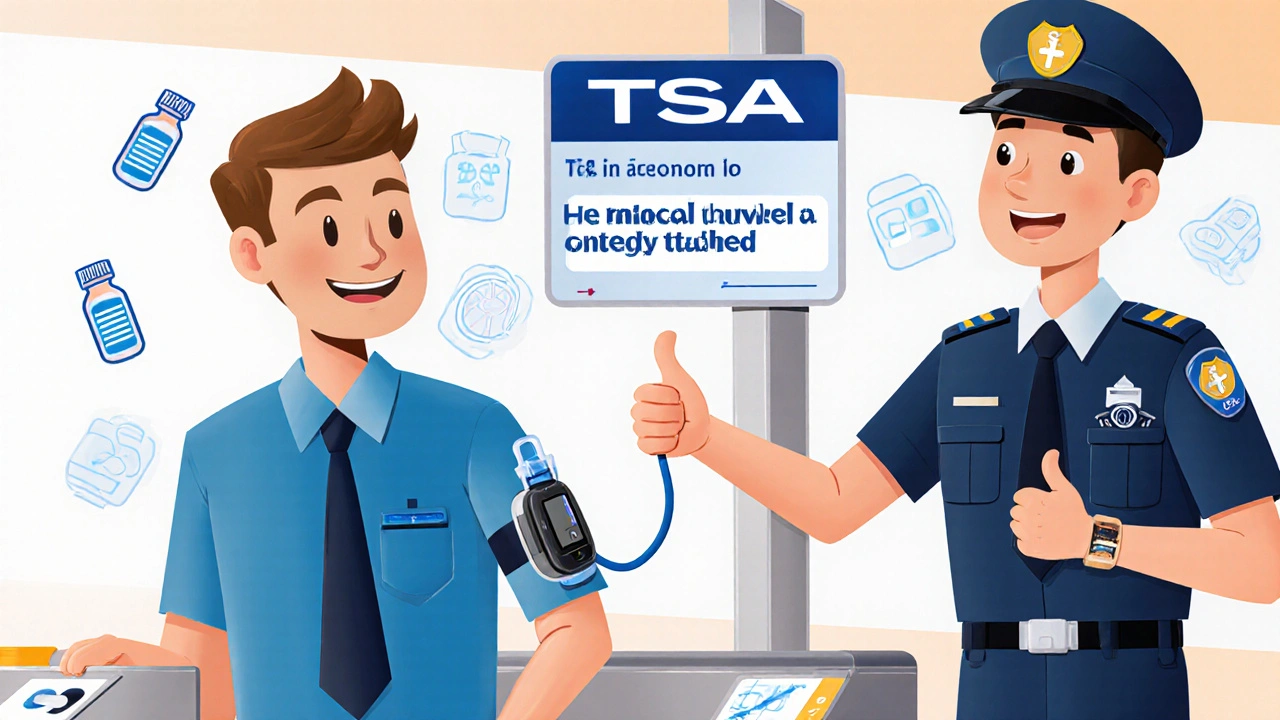 Traveler with insulin pump walking through security as officer gives thumbs-up.