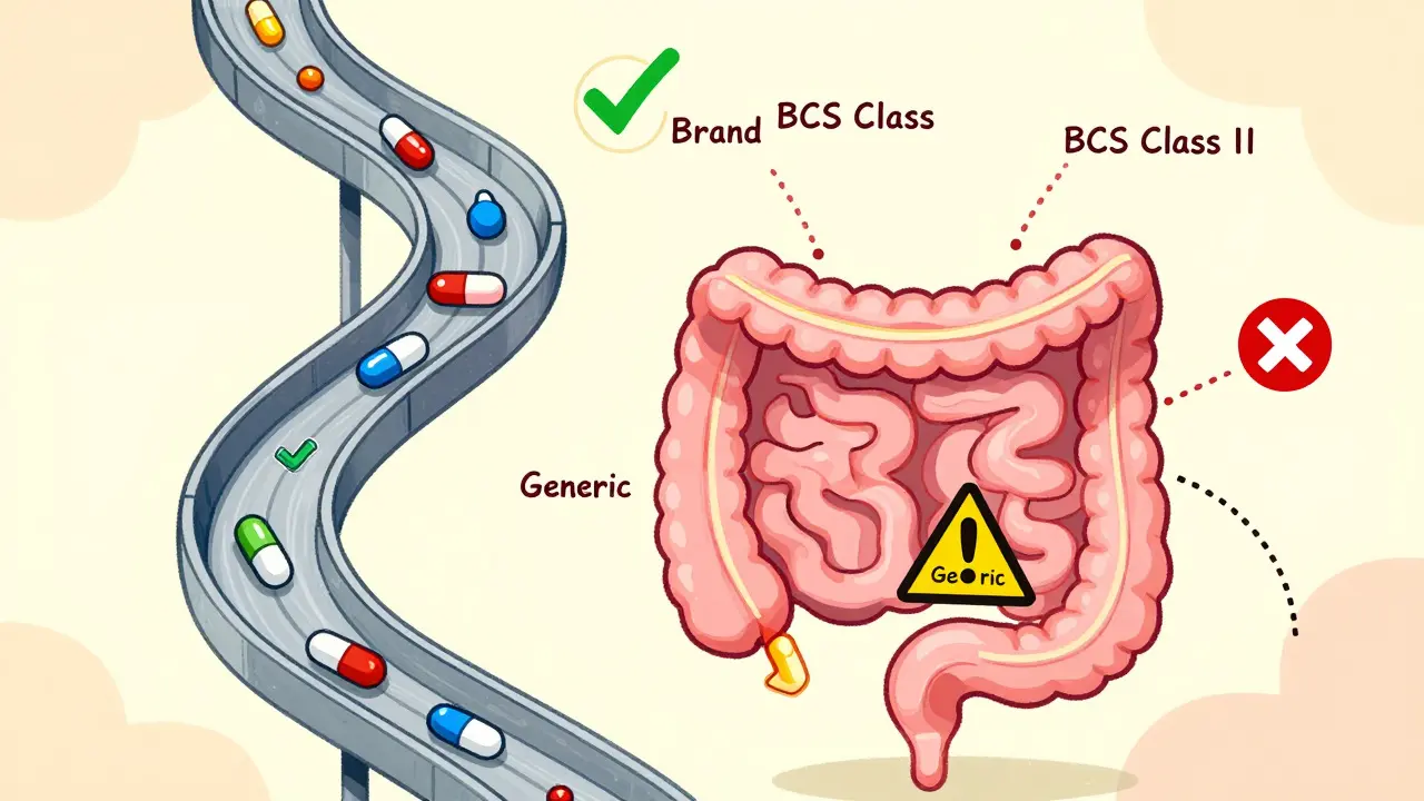 A cartoon digestive tract with pills sliding down, showing even dissolution for some and blockage for others.