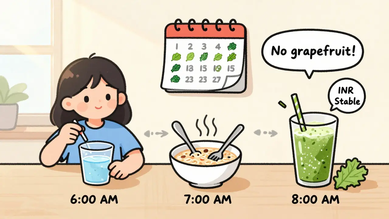 A daily routine timeline showing consistent medication timing and spinach intake with a 'Stable INR' marker and grapefruit warning.