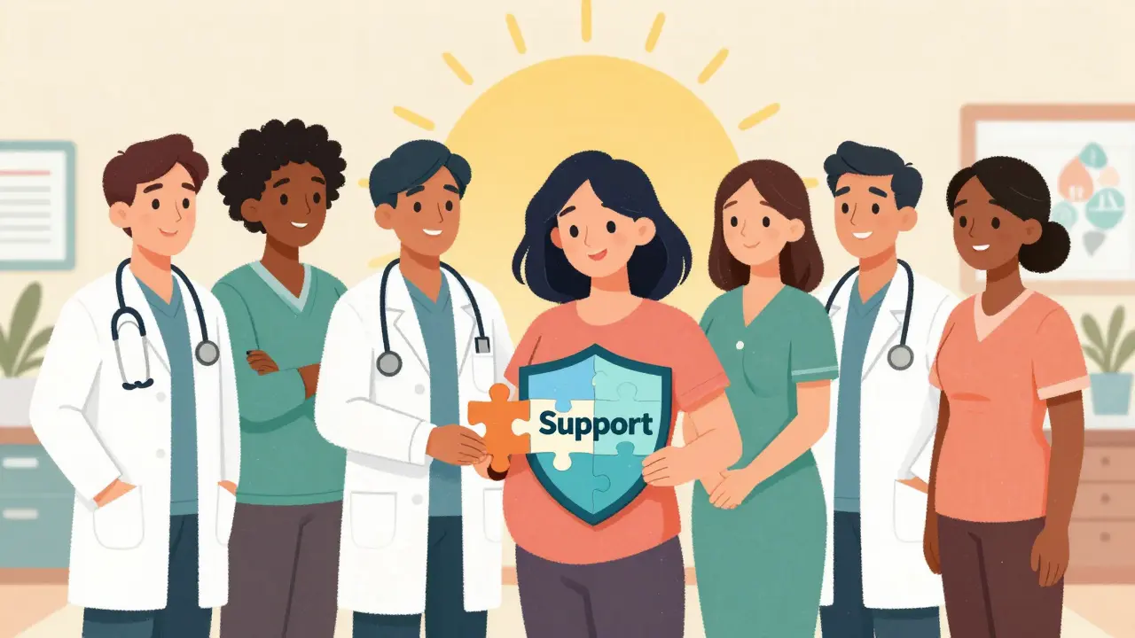 A diverse care team forming a protective circle around a pregnant person, symbolizing coordinated support for opioid use in pregnancy.