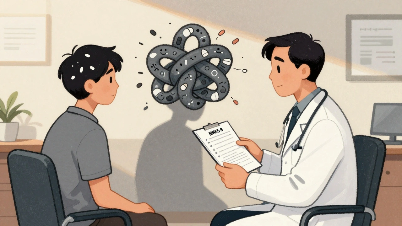 A doctor and patient in a clinic, the patient&#039;s shadow forming a tangled knot of missed medications and alarms.