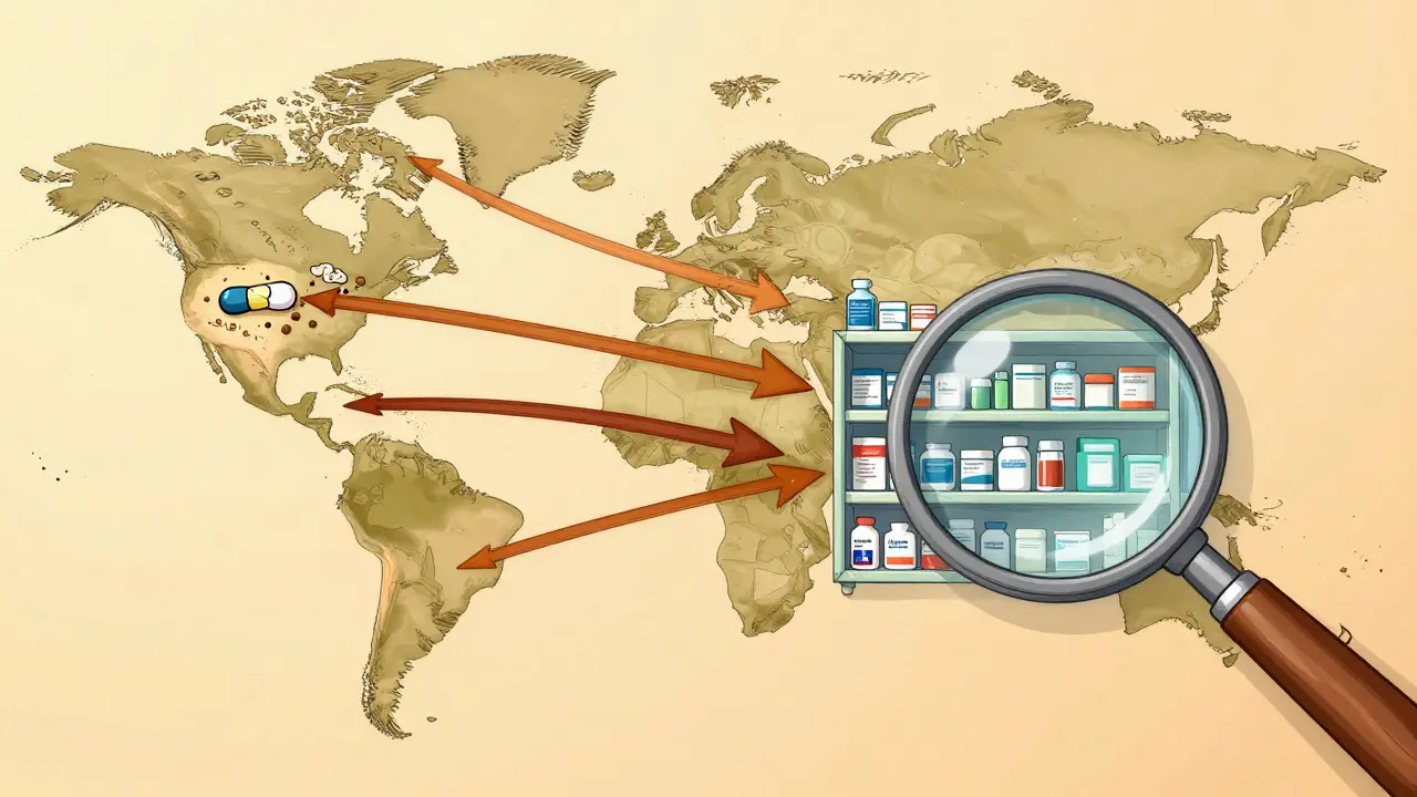 A global map showing pill production routes from India and China to the U.S. with warning signs.