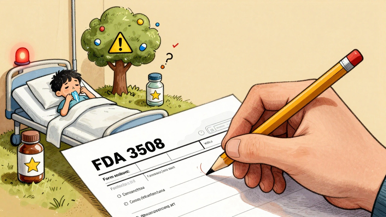 A hand filling out a MedWatch form, with surreal medical events emerging from the paper like a warning landscape.