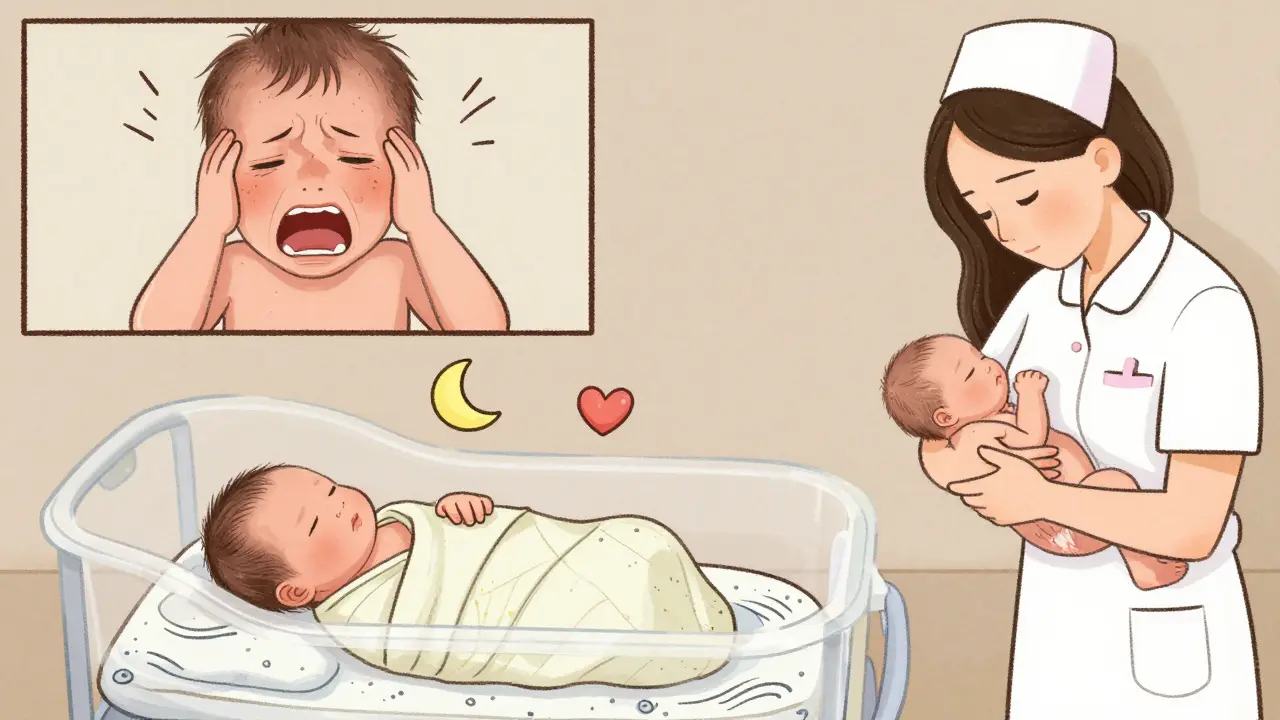 A newborn baby being soothed in a hospital crib, with calming symbols around them, contrasting withdrawal symptoms and care.