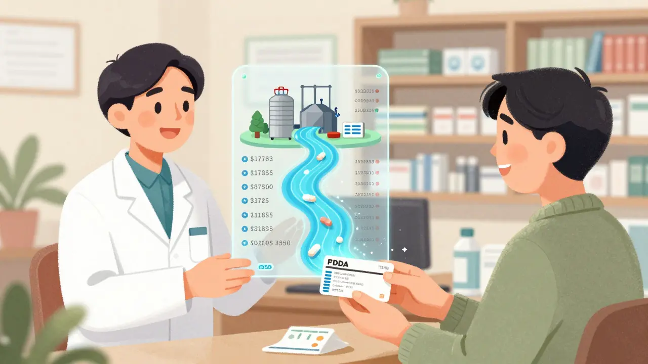 A patient receiving medicine as a glowing digital trail shows the drug’s verified journey from manufacturer.