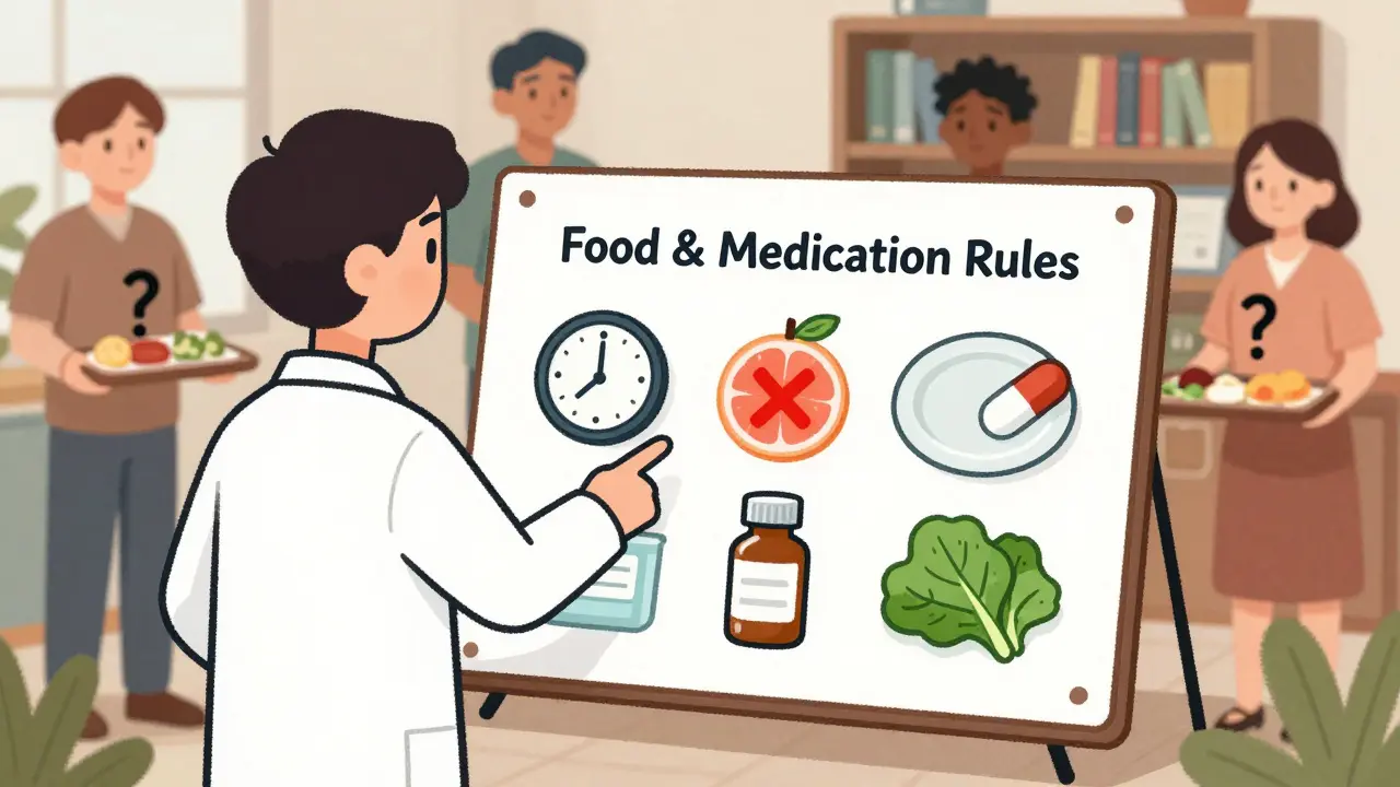 A pharmacist explaining food-drug interactions using a visual chart with icons of pills, clocks, grapefruit, and spinach in a clinic setting.