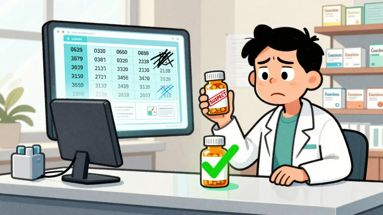 A pharmacist holding a flagged pill bottle while a screen displays error messages beside a verified one.