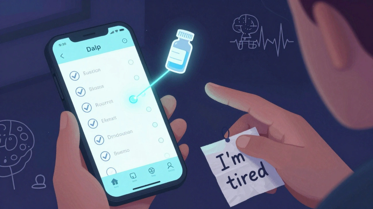 A smartphone app tracking mood and pills, with glowing connections between checkmarks and a pill bottle in a dark room.
