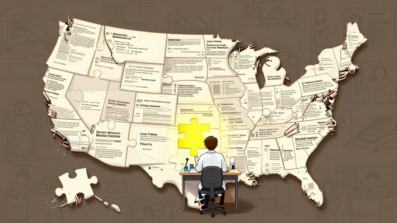 A U.S. puzzle made of MedWatch reports clicking together, triggering a safety light as scientists watch from the center.