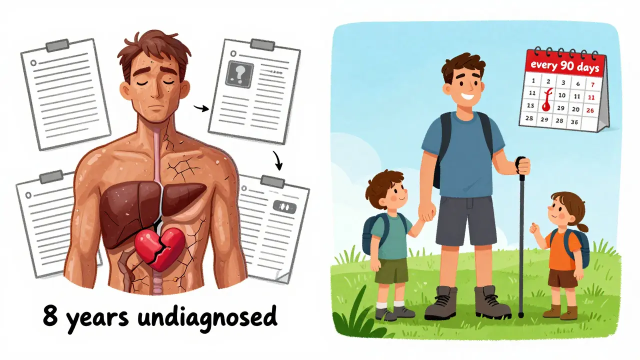 Before and after: a sick man on one side, healthy and hiking with grandchildren on the other, showing life after treatment.