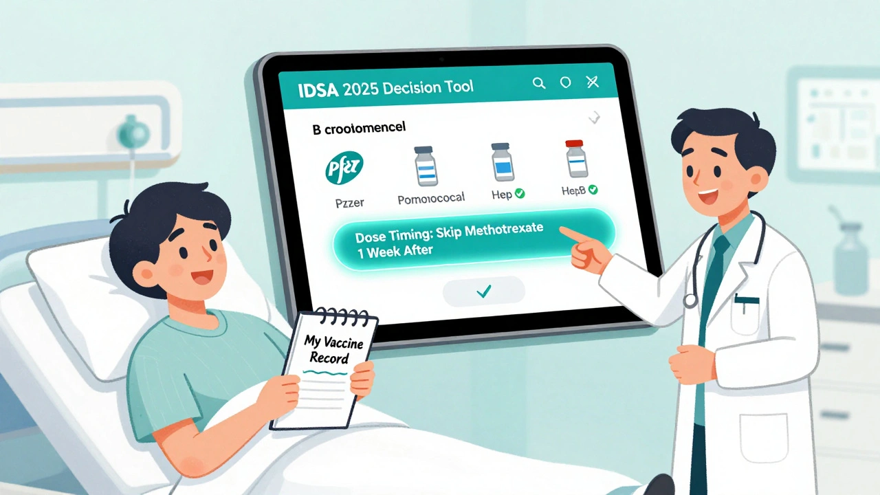 Digital tool showing personalized vaccine plan for immunocompromised patient, with doctor reviewing recommendations.