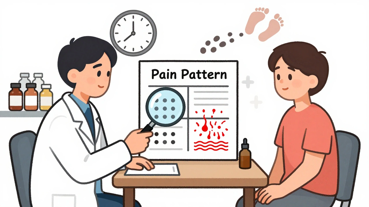 Doctor and patient reviewing a pain chart showing spreading pain vs static pain, with recovery symbols in background.