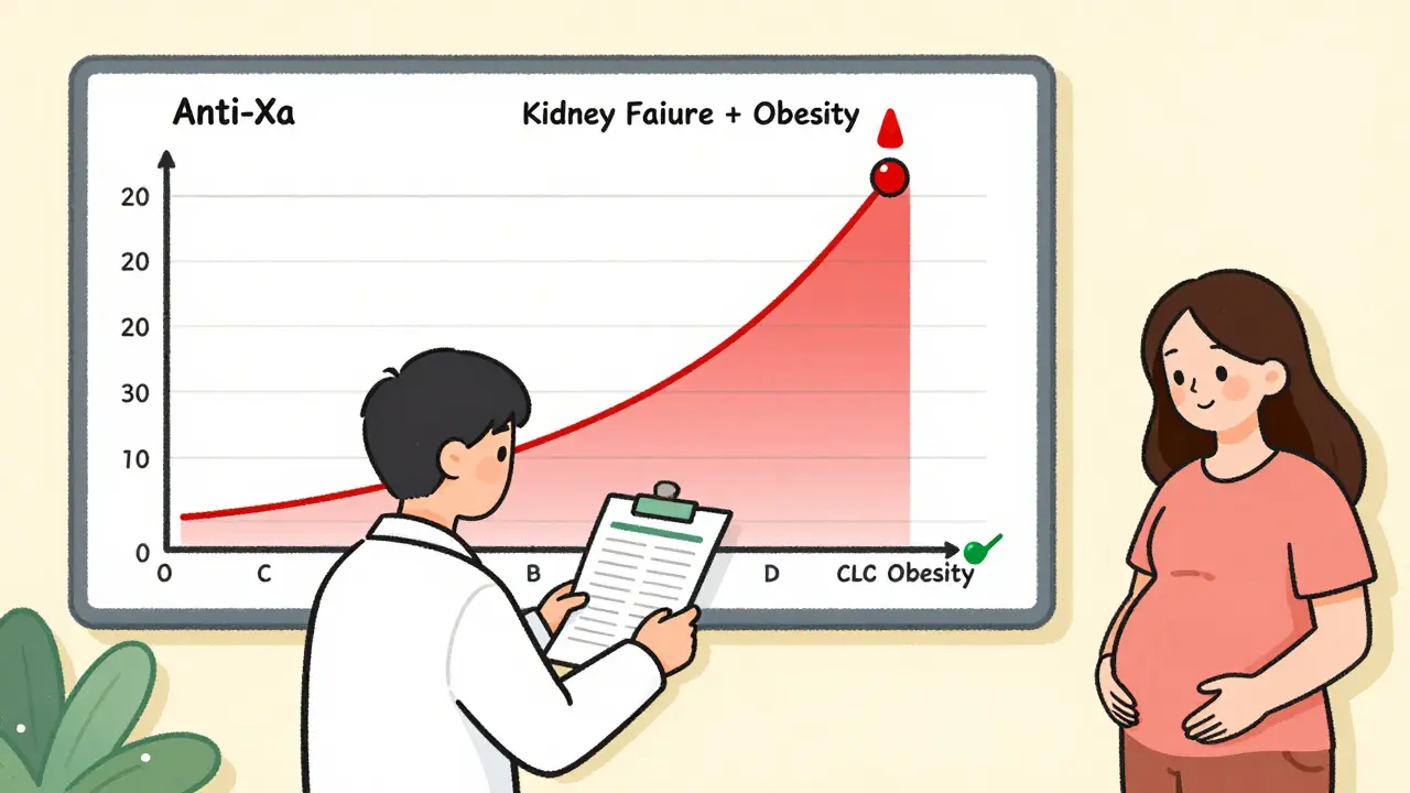 Doctor and pharmacist reviewing Anti-Xa results chart with warning signs for kidney failure and obesity in pregnancy.