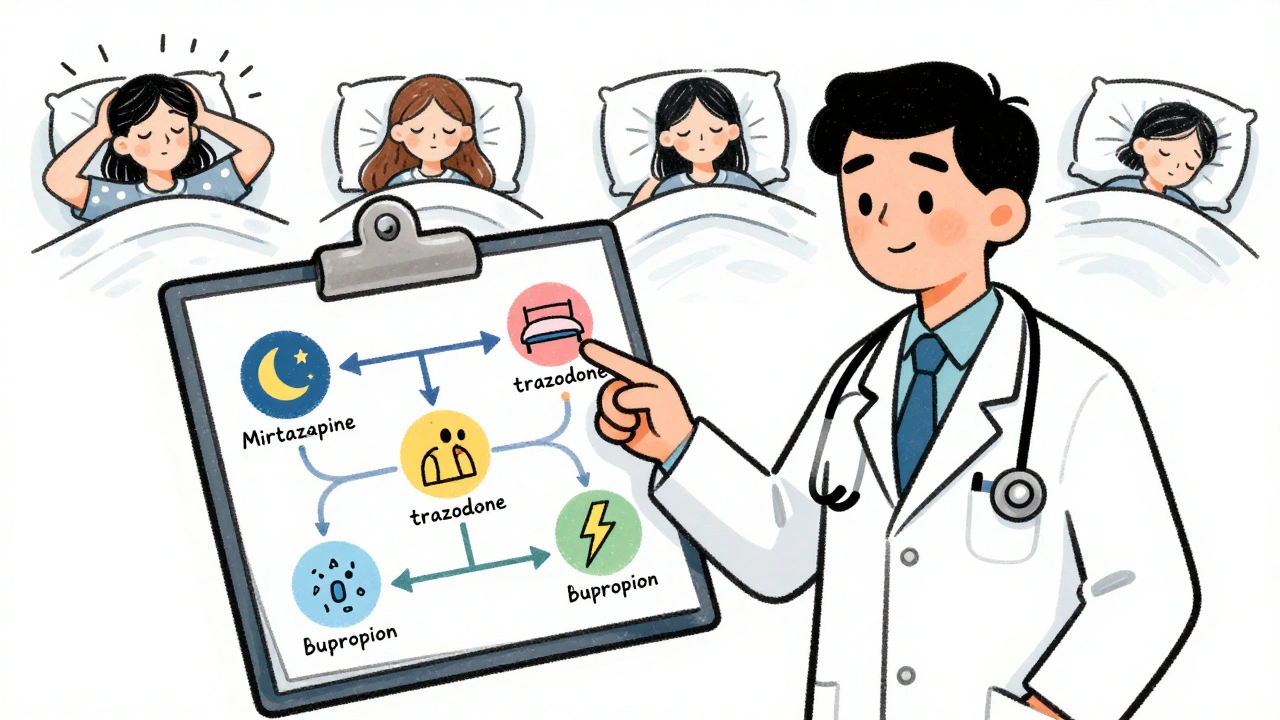 Doctor explaining sleep-matching antidepressant chart with patient scenarios.