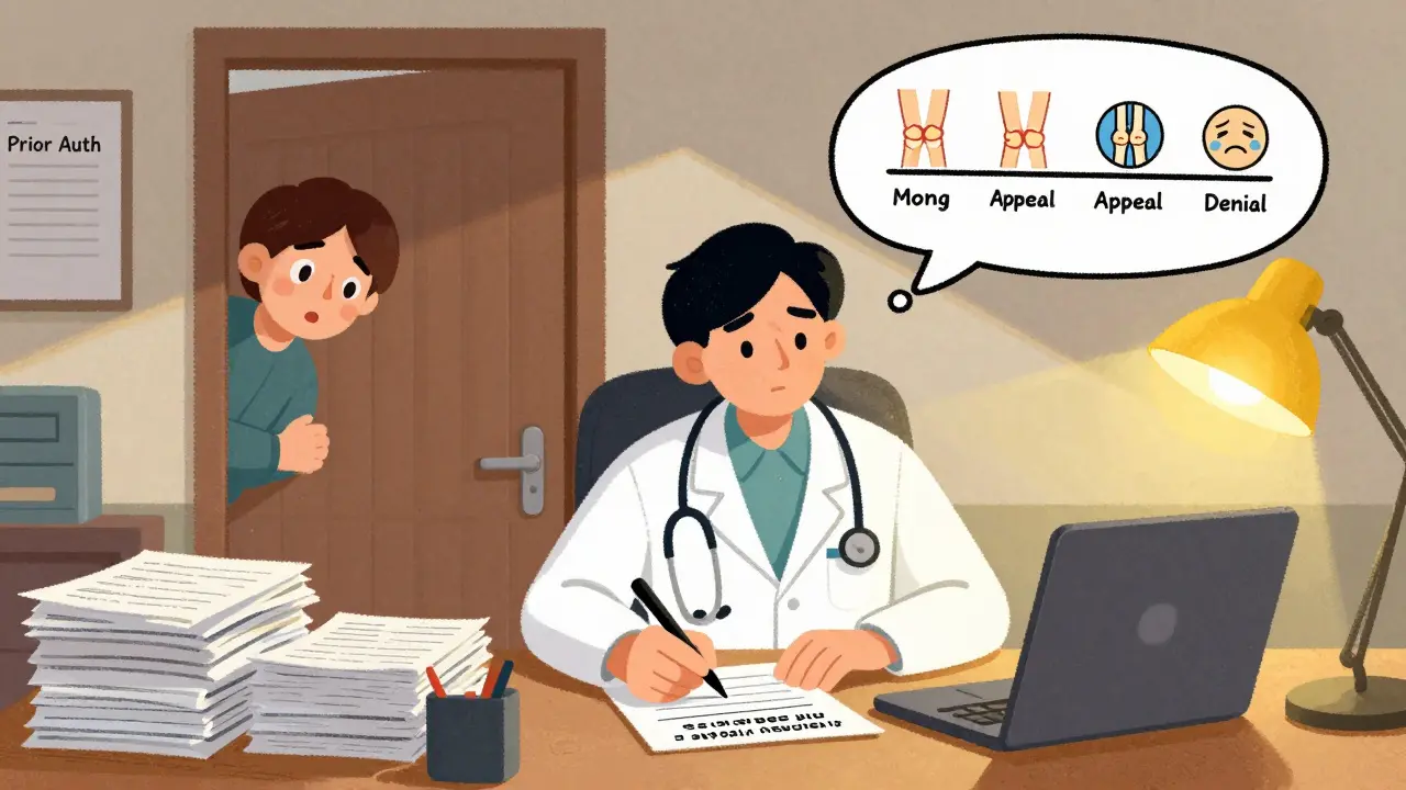 Doctor writing a medical appeal letter as a patient watches anxiously from the doorway.