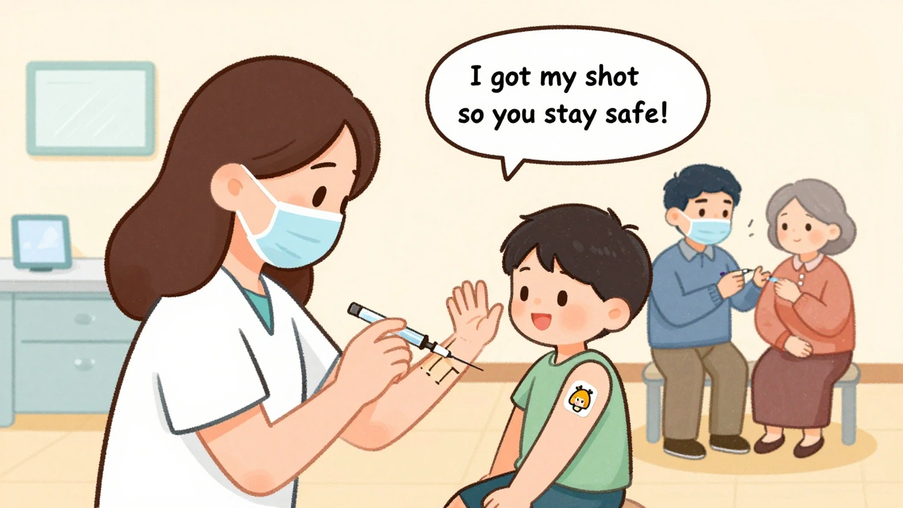Family members getting vaccinated to protect an immunocompromised person, illustrated with warm, caring tones.