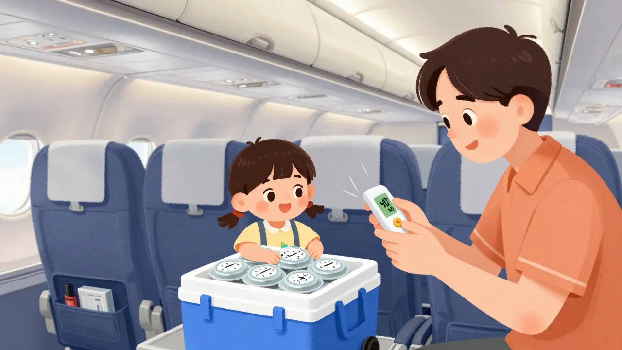 Family on flight monitoring temperature of insulin cooler with digital thermometer.