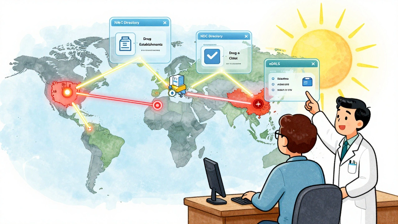 Global supply chain map showing verified and unverified drug sources with FDA databases floating above.