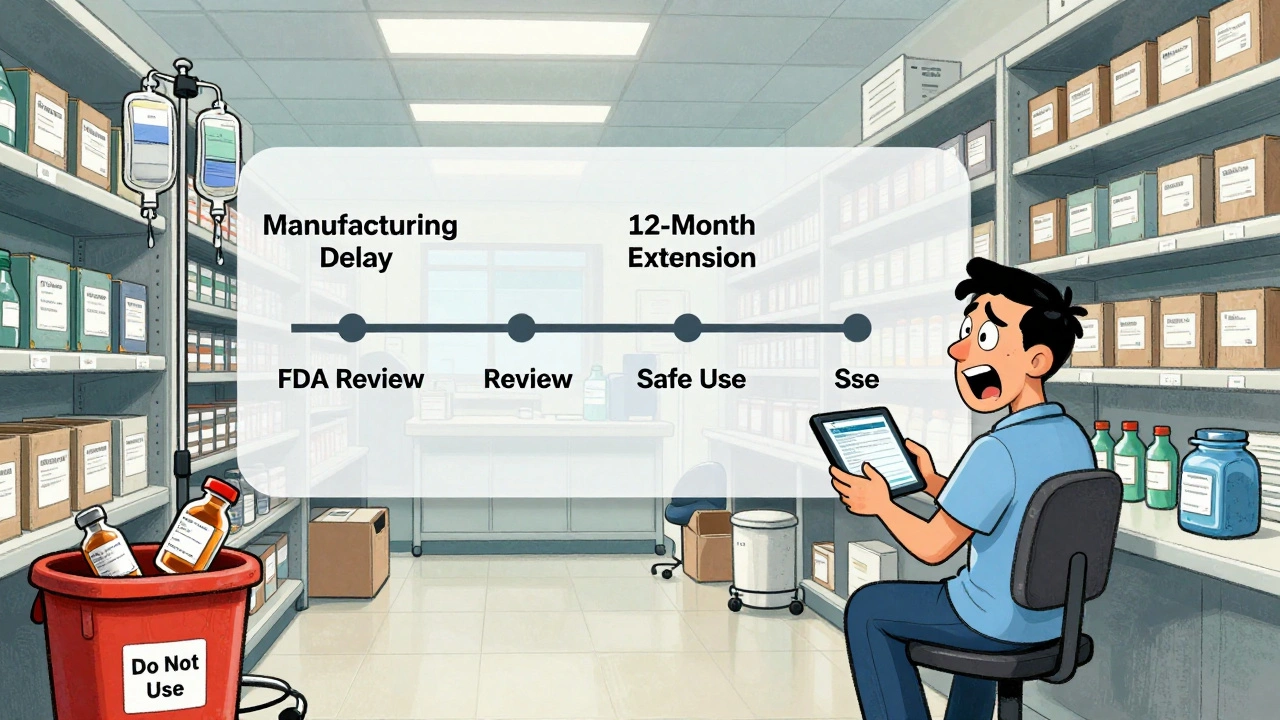 Hospital pharmacy worker consulting FDA database amid empty IV bag shelves.