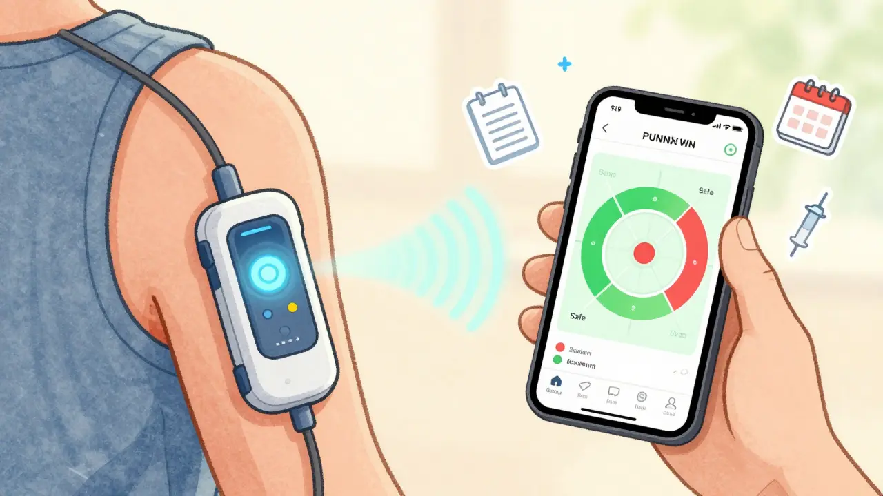 Insulin pump with biosensor patch warning user to rotate injection sites, shown on a smartphone app with color-coded safe zones.