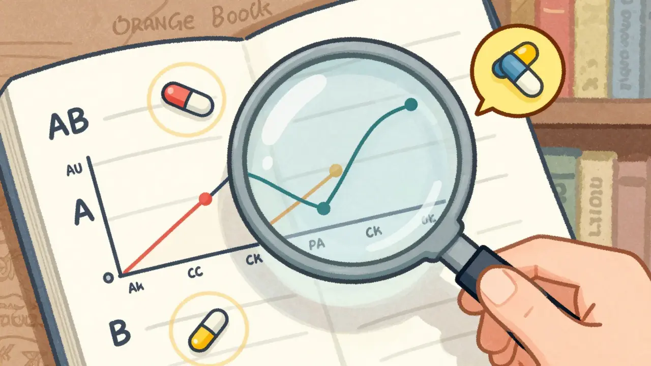 Magnifying glass over Orange Book drug codes with bioequivalence graphs and high-risk medication icons