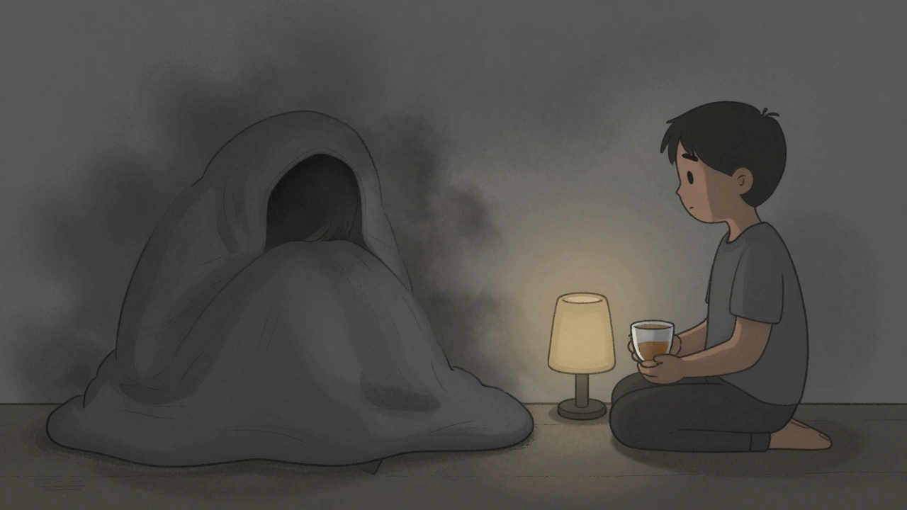 One person buried in darkness under a blanket, another quietly present with tea in a dim room.