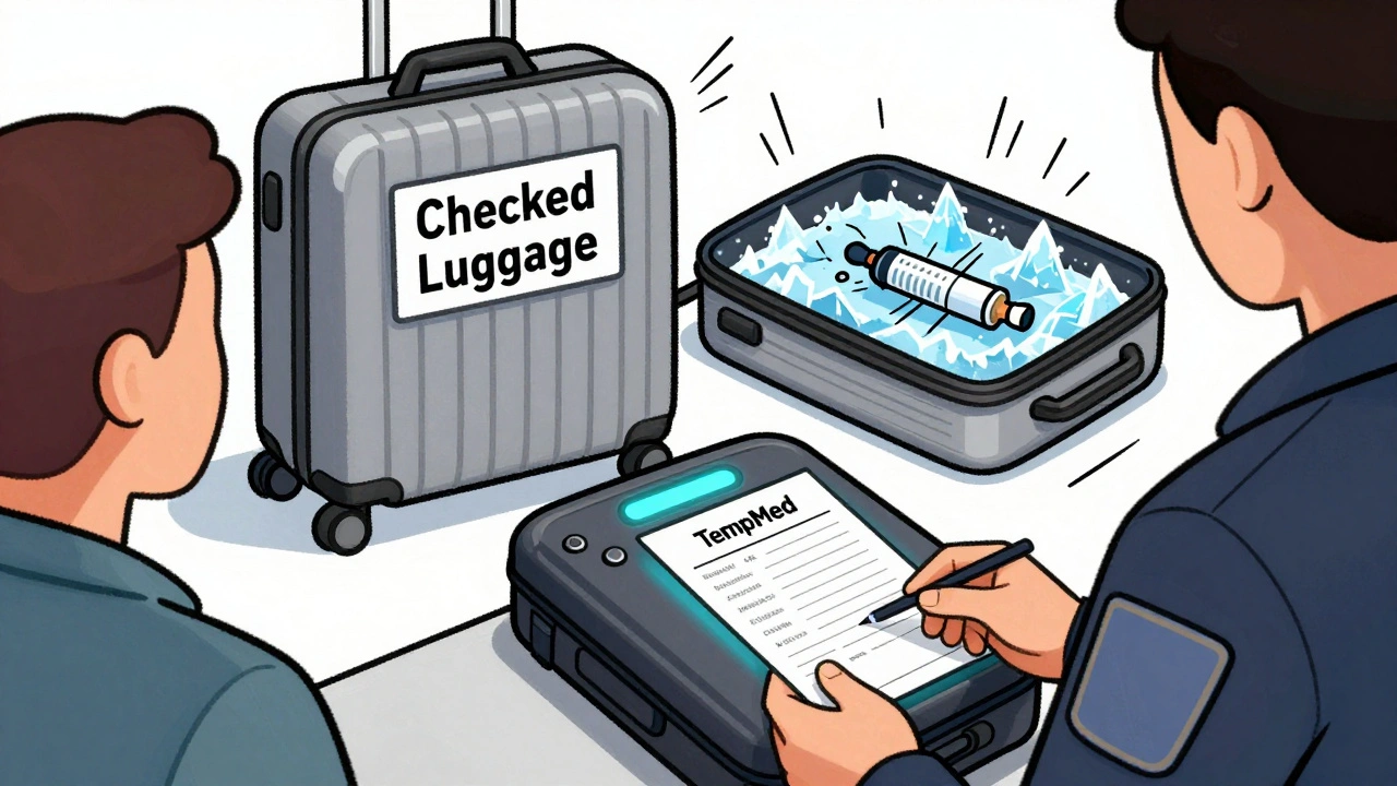 Passenger presenting medical insulin case at TSA checkpoint while checked luggage freezes in background.