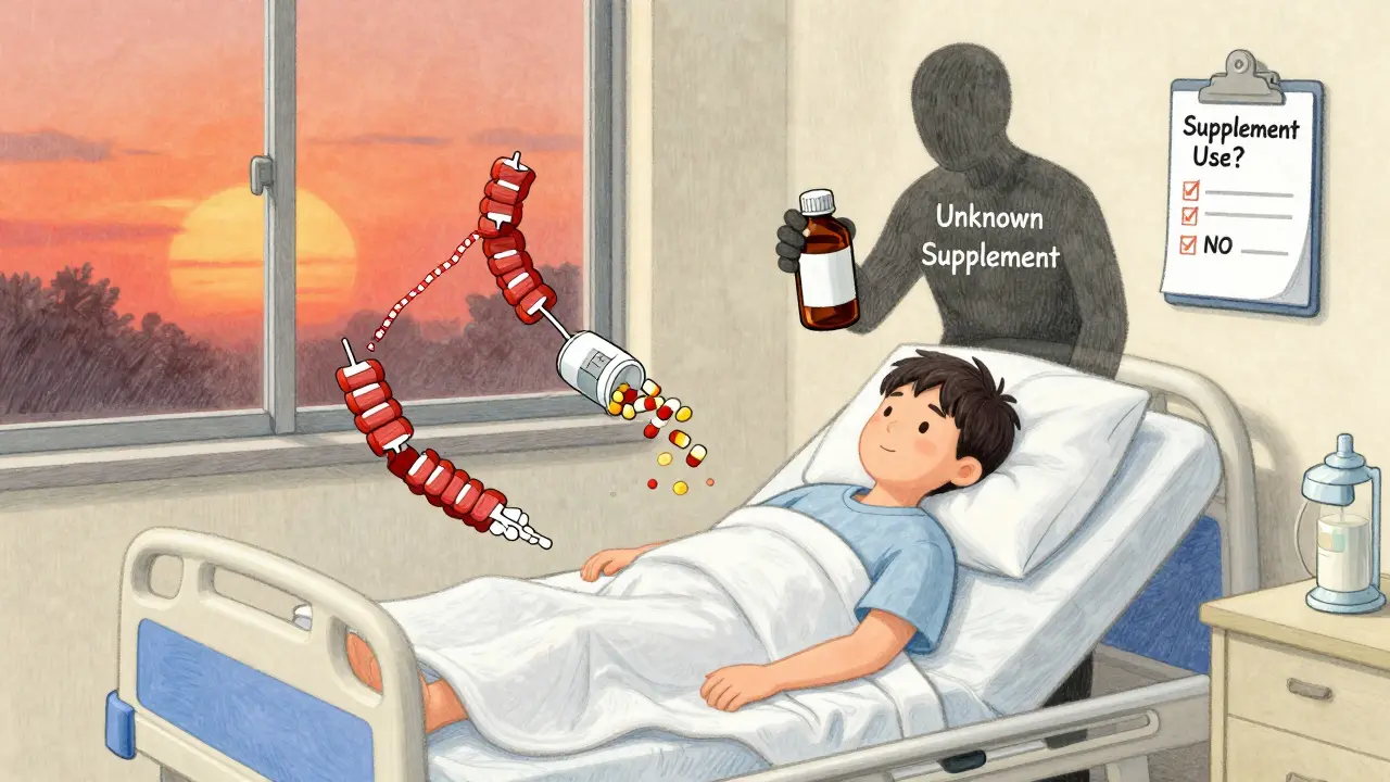 Patient in hospital bed surrounded by floating supplement bottles and a shadowy unknown supplement, with a doctor’s checklist.