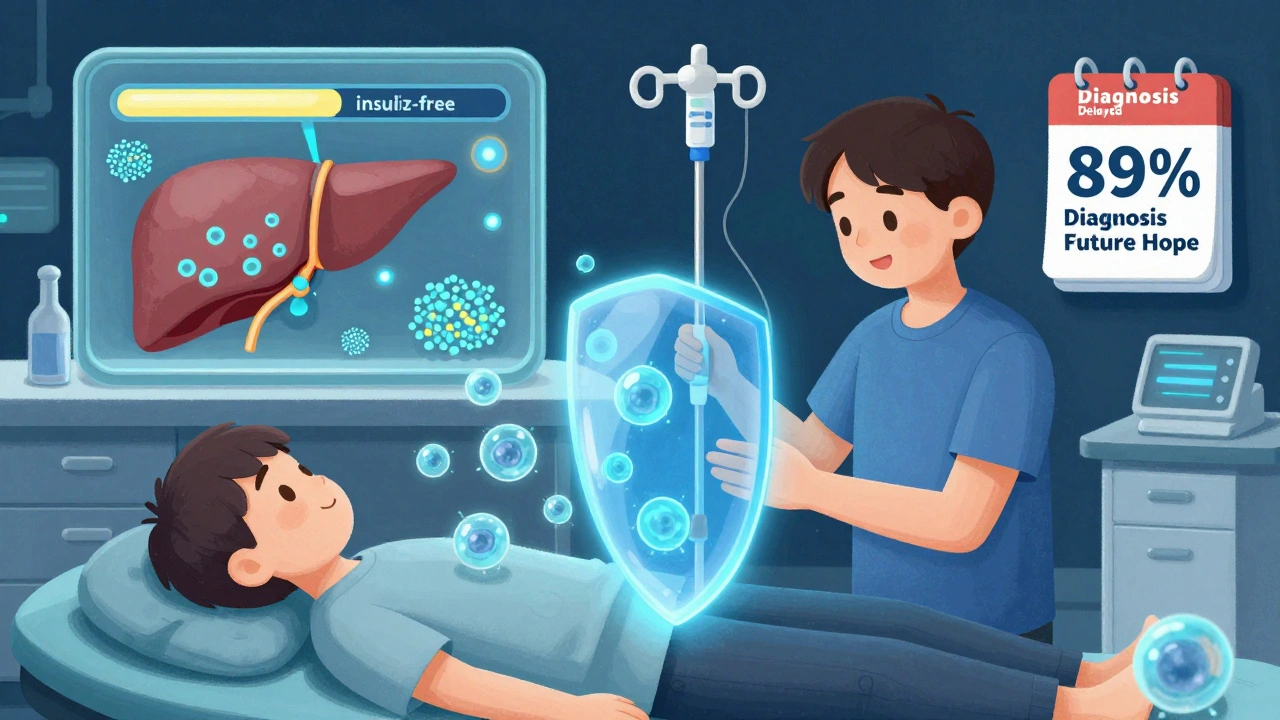 Patient receiving teplizumab infusion with stem cell islets being transplanted, symbolizing future diabetes treatment.