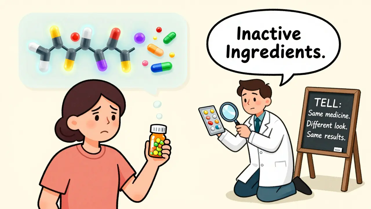 Patient’s thought bubble reveals different pill shapes while transparent molecules show same active ingredient.
