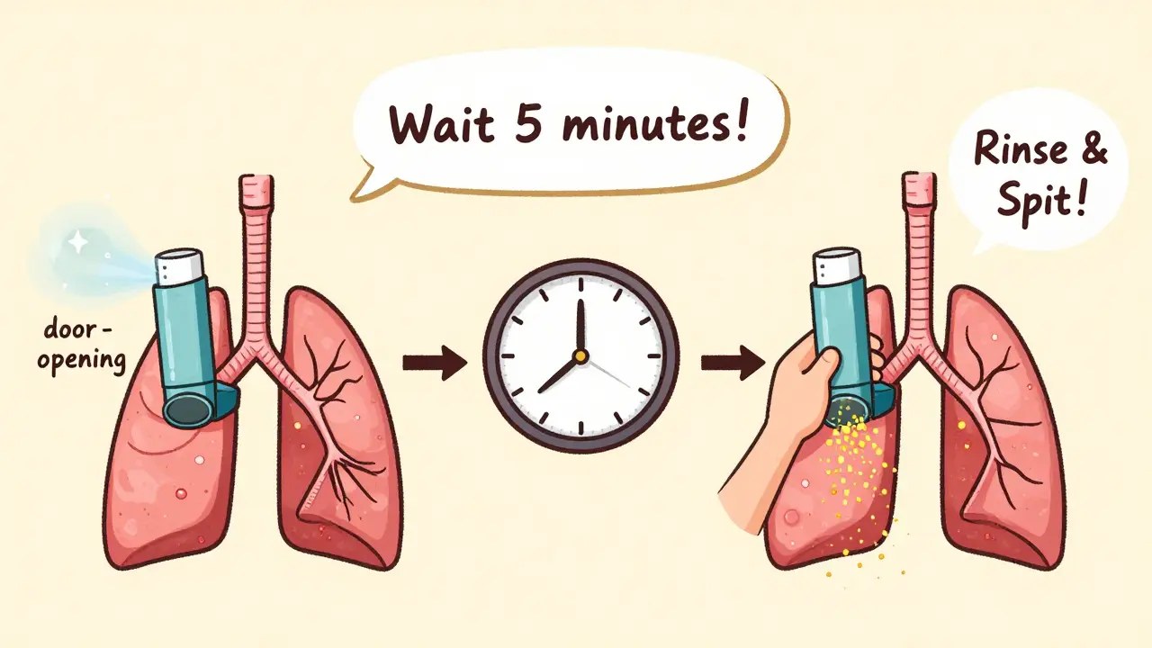 Patient using inhalers in correct sequence with a five-minute pause and mouth-rinsing reminder.